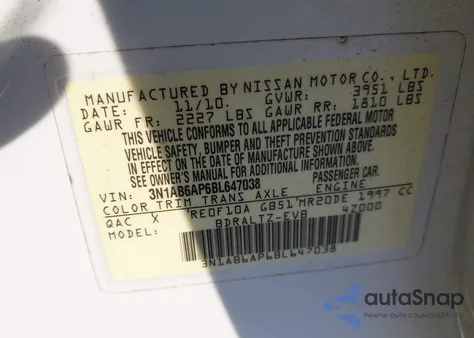 2011 Nissan Sentra 2.0Sr z USA, uszkodzony, nr VIN 3N1AB6AP6BL647038